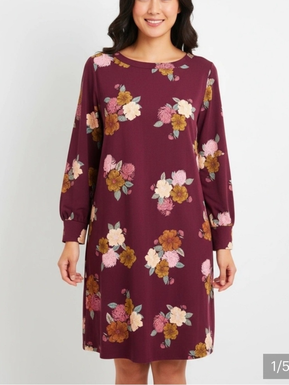 NWT LOFT Burgundy Floral Long Sleeve Shift Dress 6